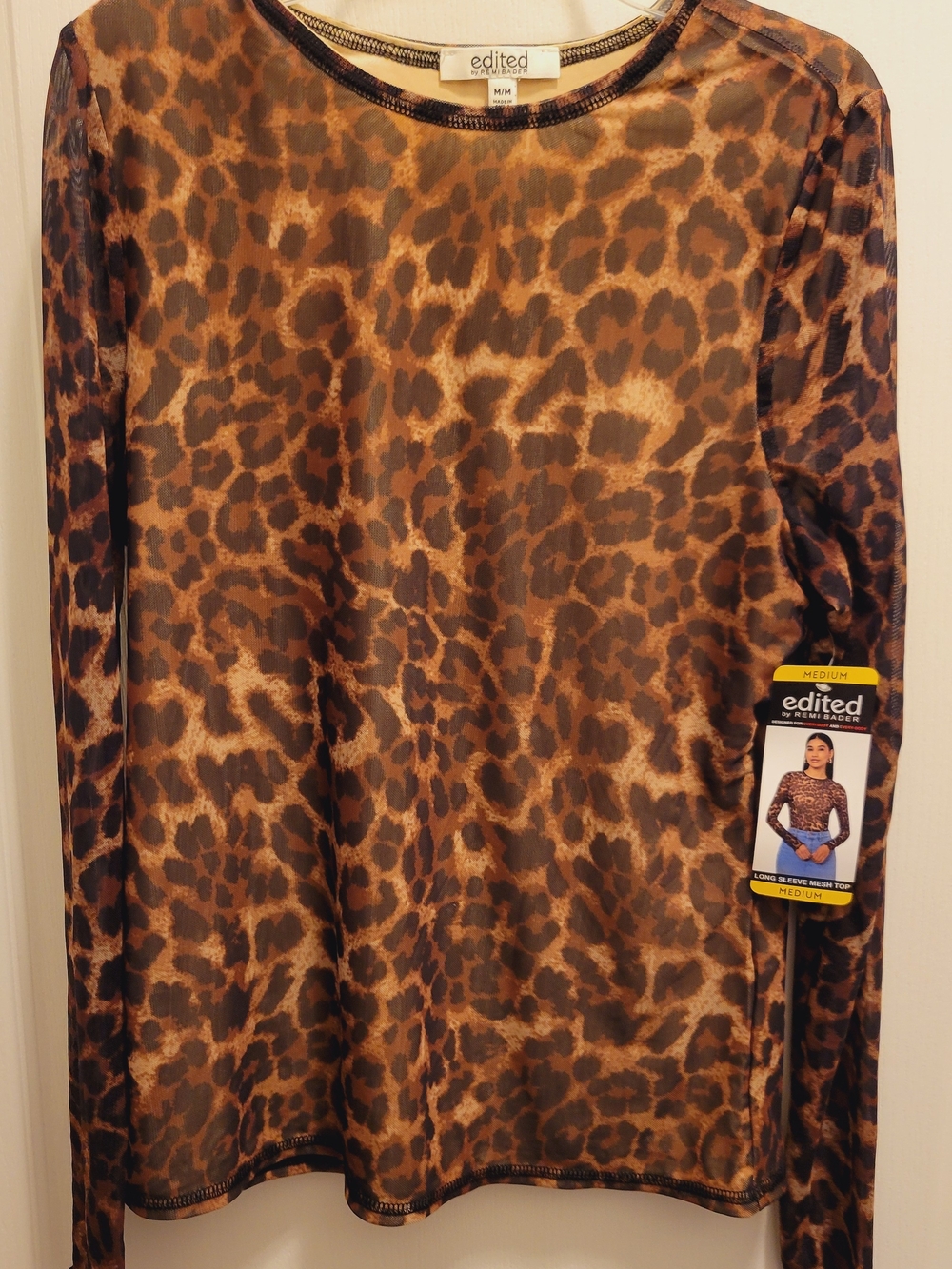 Edited by Remi Bader Women's Long Sleeve Mesh Top Size M Leopard Print